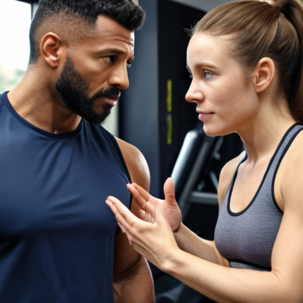 ** A personal trainer actively listening to a client in a gym setting, showing empathy and understanding. Focus on the connection and communication between them.

**