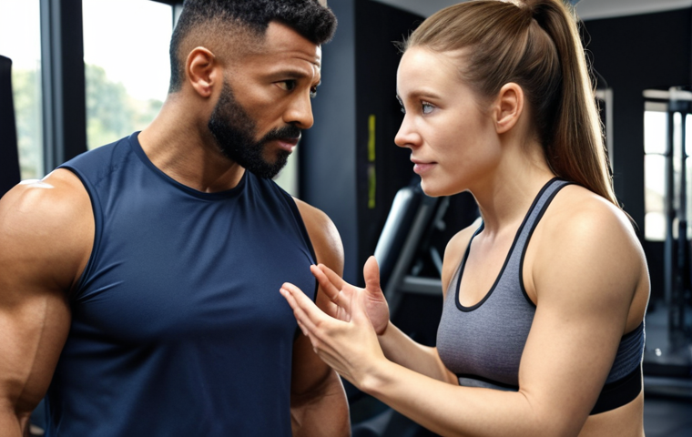 ** A personal trainer actively listening to a client in a gym setting, showing empathy and understanding. Focus on the connection and communication between them.
**