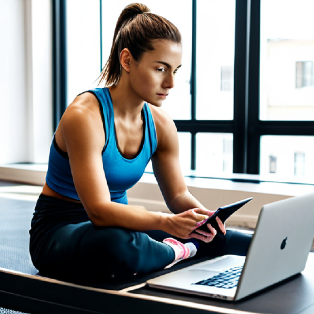 헬스트레이너 이직 시 유의사항 - Researching Company Culture** "A person researching a fitness studio on a laptop, surrounded by hea...