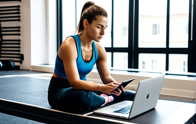 헬스트레이너 이직 시 유의사항 - Researching Company Culture** "A person researching a fitness studio on a laptop, surrounded by hea...