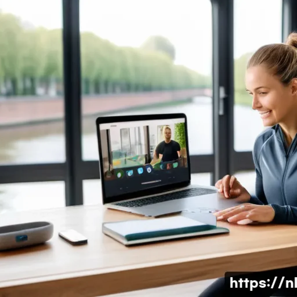헬스트레이너의 새로운 고객 경험 - A modern Dutch fitness coach conducting a virtual live training session via video call on a laptop, ...
