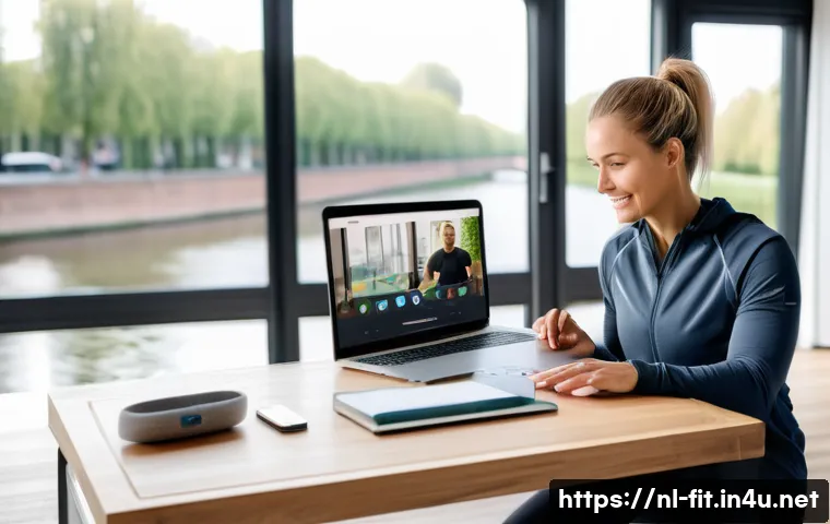 헬스트레이너의 새로운 고객 경험 - A modern Dutch fitness coach conducting a virtual live training session via video call on a laptop, ...