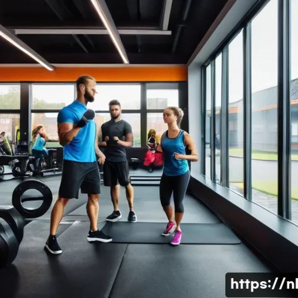 헬스트레이너 운동 프로그램 평가 - A modern Dutch gym setting with a diverse group of adults engaged in a personalized training session...