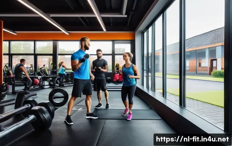 헬스트레이너 운동 프로그램 평가 - A modern Dutch gym setting with a diverse group of adults engaged in a personalized training session...