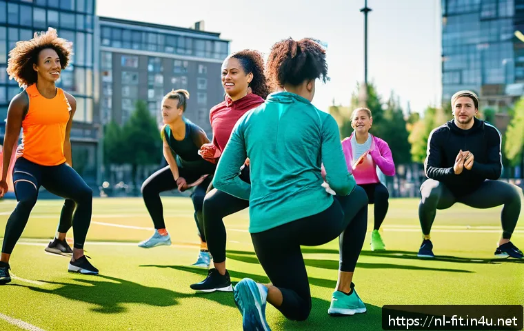 헬스트레이너 PT 이벤트 아이디어 - A vibrant outdoor group HIIT training session in Rotterdam during a sunny weekend, featuring diverse...