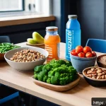 헬스트레이너 피트니스 대회 준비 - A detailed scene of a Dutch athlete’s competition preparation room, showcasing a balanced meal sprea...